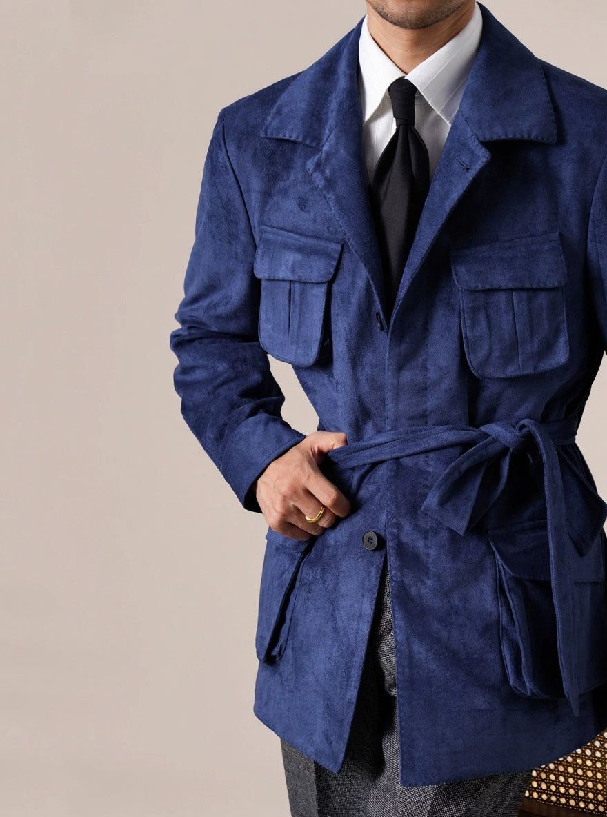 Men’s Suede Hunting Jacket — Slim Fit Belted Suit Collar Coat