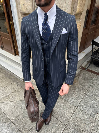 Navy Striped Slim-Fit Suit 3-Piece VIOSSI