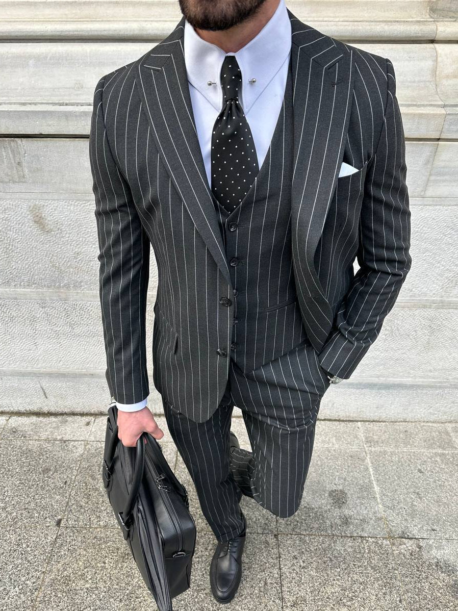 Black Striped Slim-Fit Suit 3-Piece VIOSSI