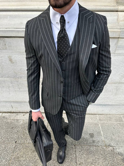 Black Striped Slim-Fit Suit 3-Piece VIOSSI