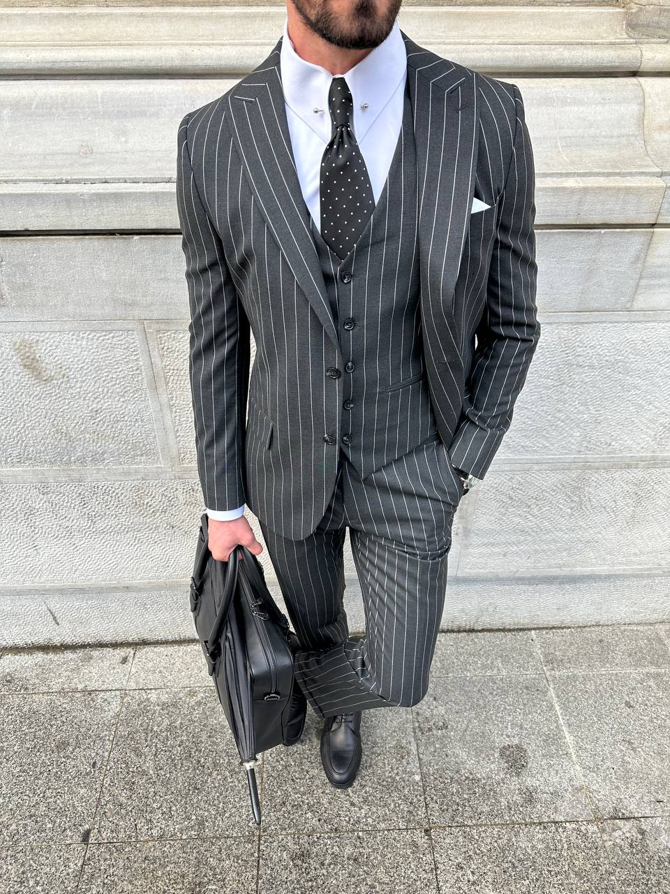 Black Striped Slim-Fit Suit 3-Piece VIOSSI