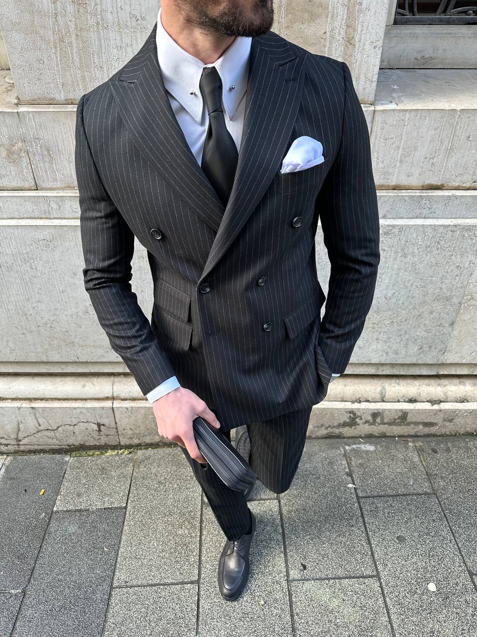 Black Striped Double Breasted Suit 2-Piece VIOSSI