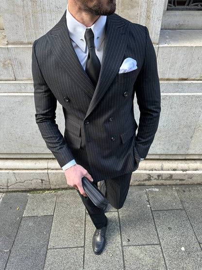 Black Striped Double Breasted Suit 2-Piece VIOSSI