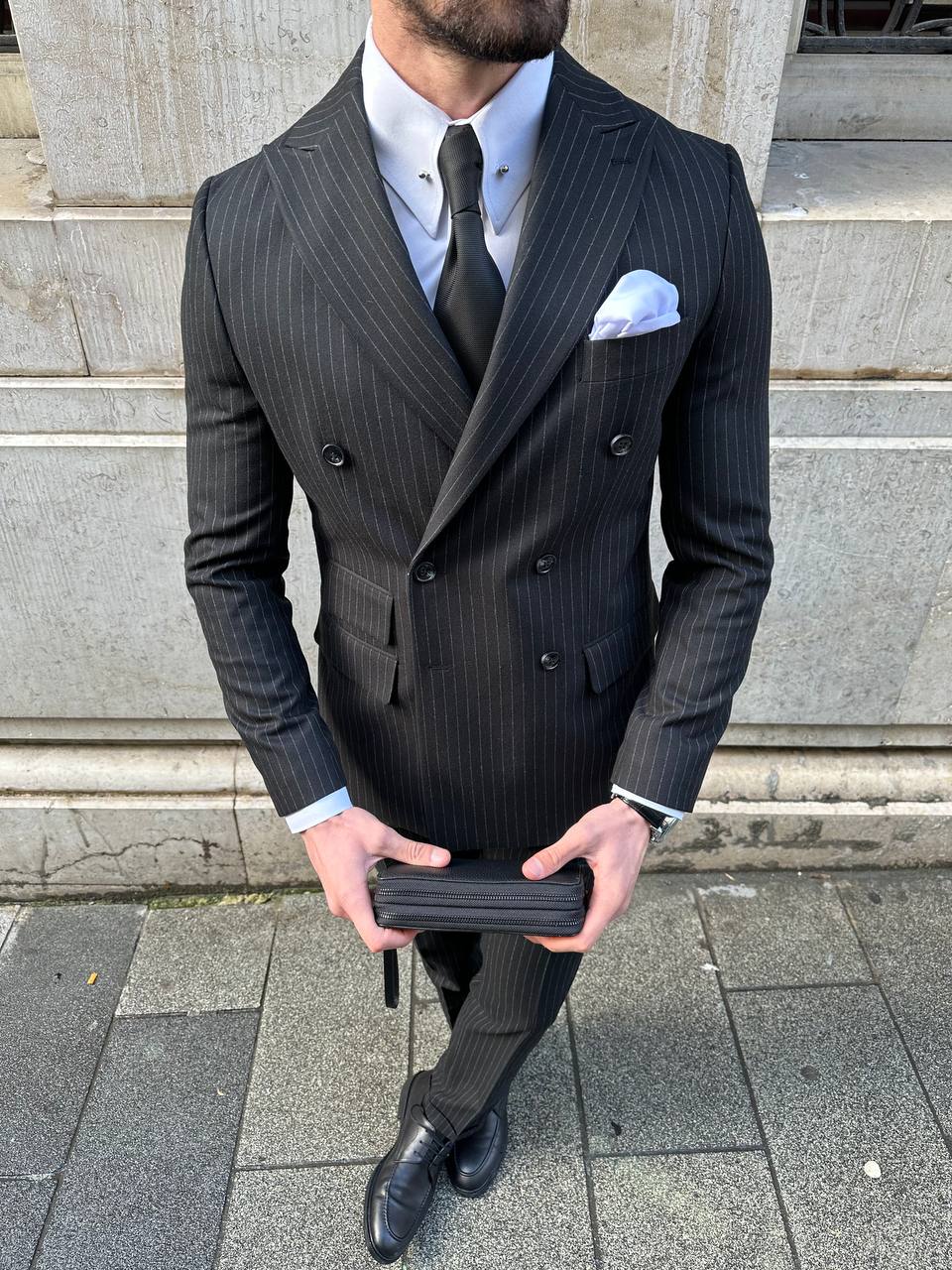 Black Striped Double Breasted Suit 2-Piece VIOSSI