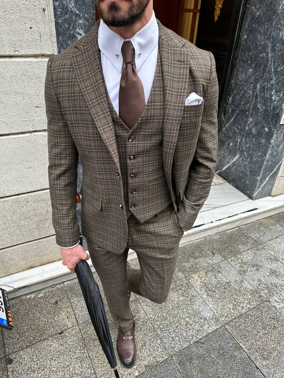 Brown Plaid Slim-Fit Suit 3-Piece VIOSSI