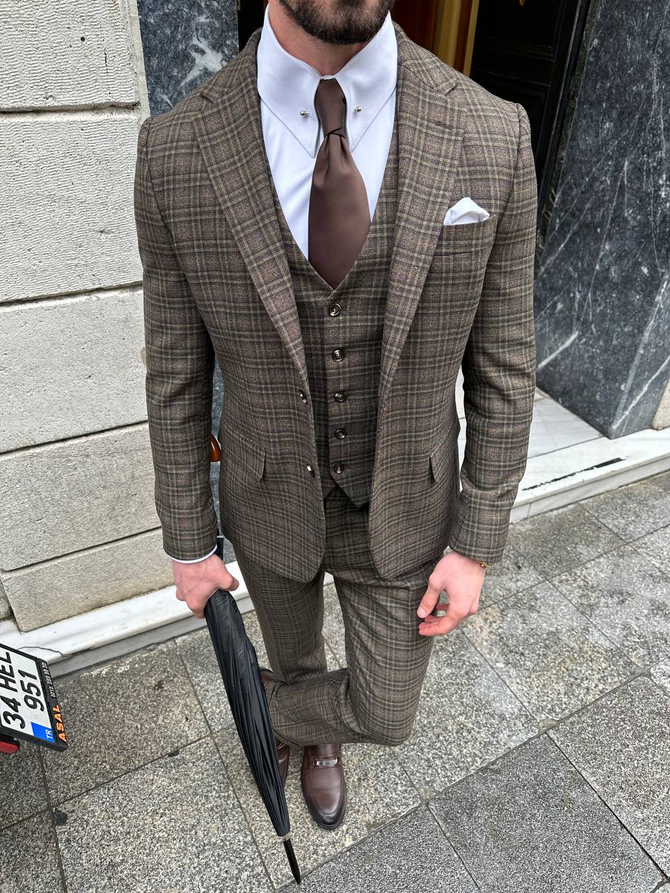 Brown Plaid Slim-Fit Suit 3-Piece VIOSSI