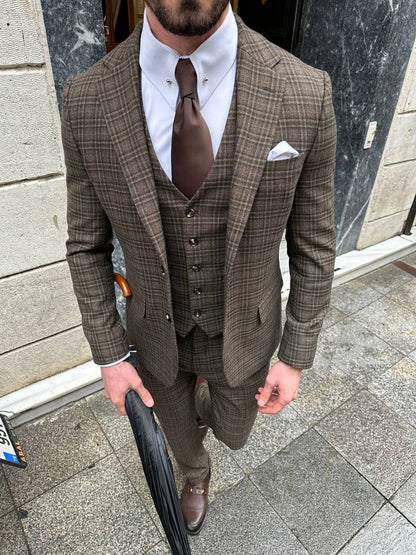 Brown Plaid Slim-Fit Suit 3-Piece VIOSSI