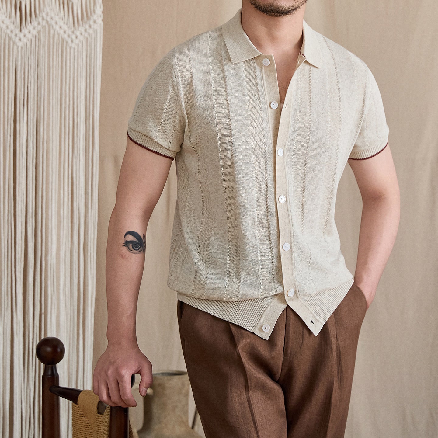 Contrast-Tipped Ribbed Knit Polo BRABION