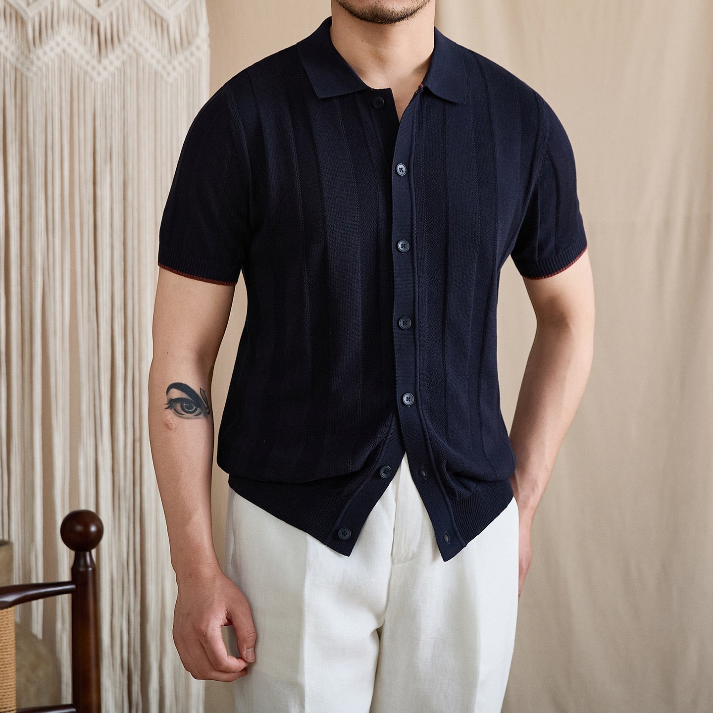 Contrast-Tipped Ribbed Knit Polo