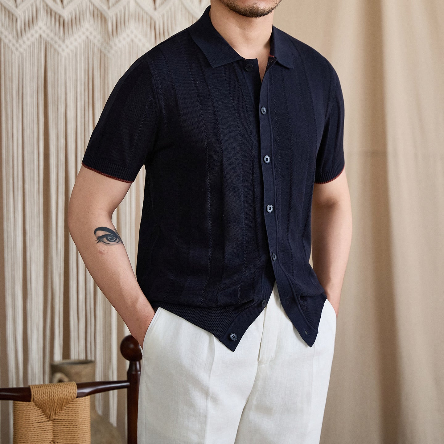 Contrast-Tipped Ribbed Knit Polo BRABION