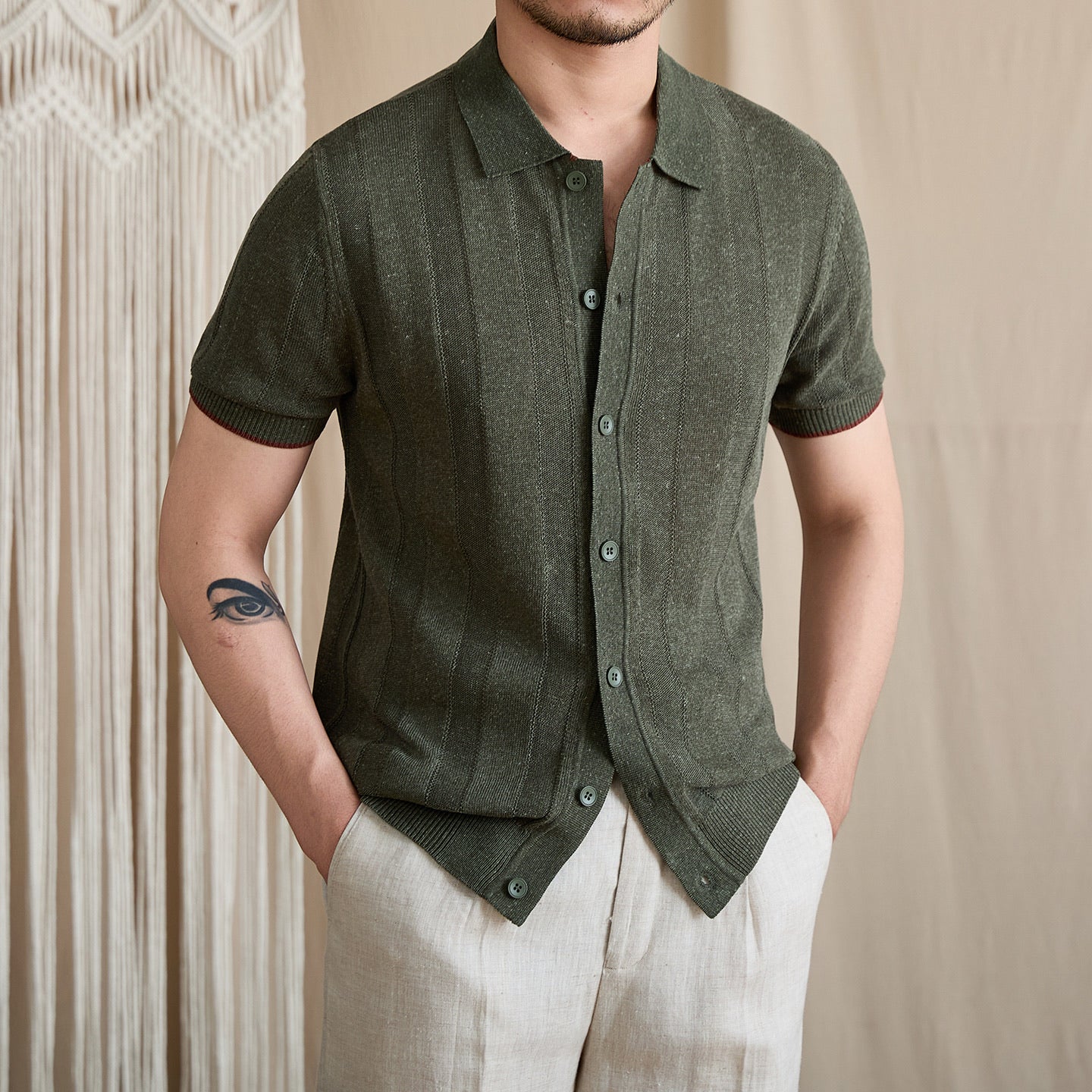 Contrast-Tipped Ribbed Knit Polo