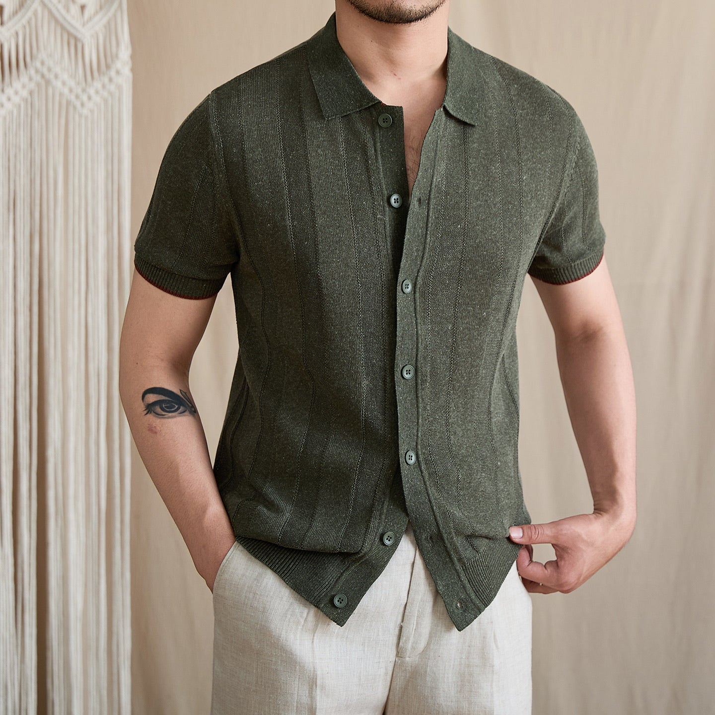 Contrast-Tipped Ribbed Knit Polo BRABION