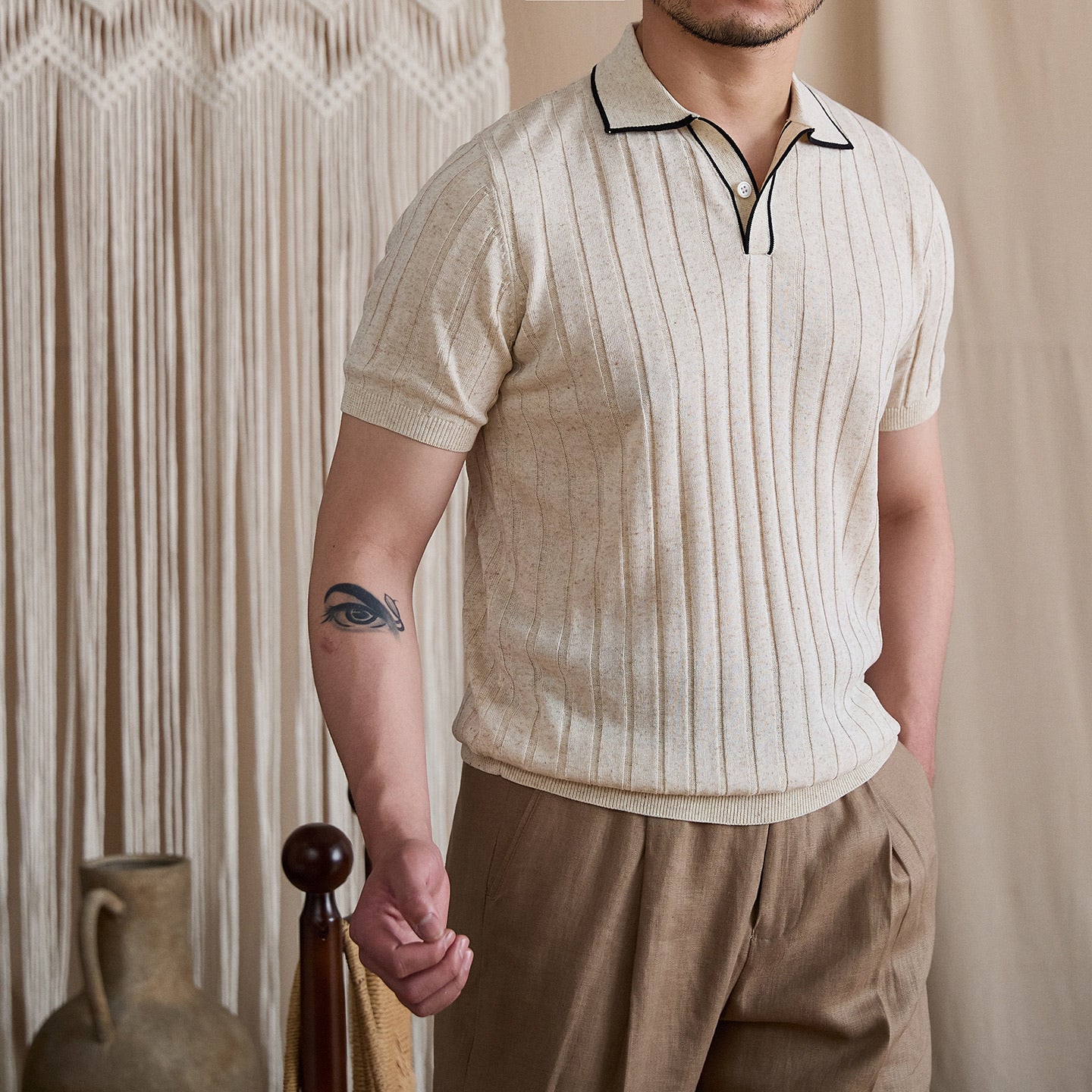 Contrast-Tipped V-Placket Ribbed Polo BRABION