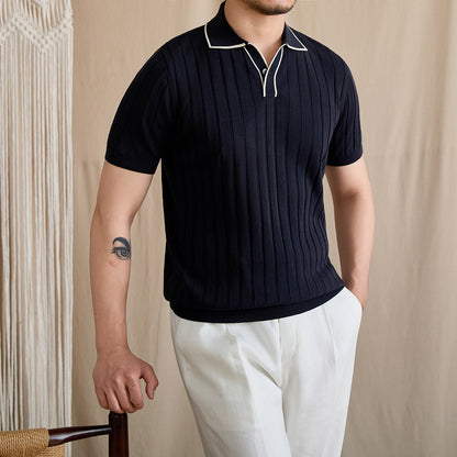 Contrast-Tipped V-Placket Ribbed Polo
