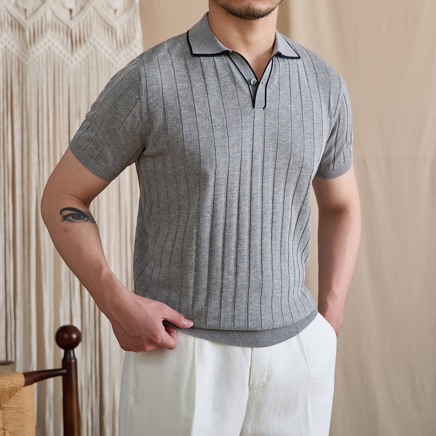 Contrast-Tipped V-Placket Ribbed Polo BRABION