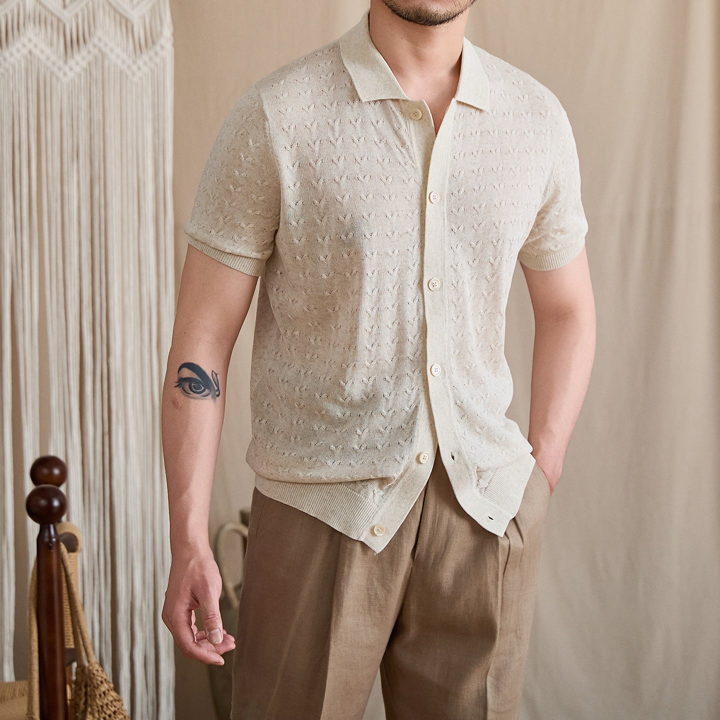 Pointelle Openwork Knit Polo Cardigan BRABION