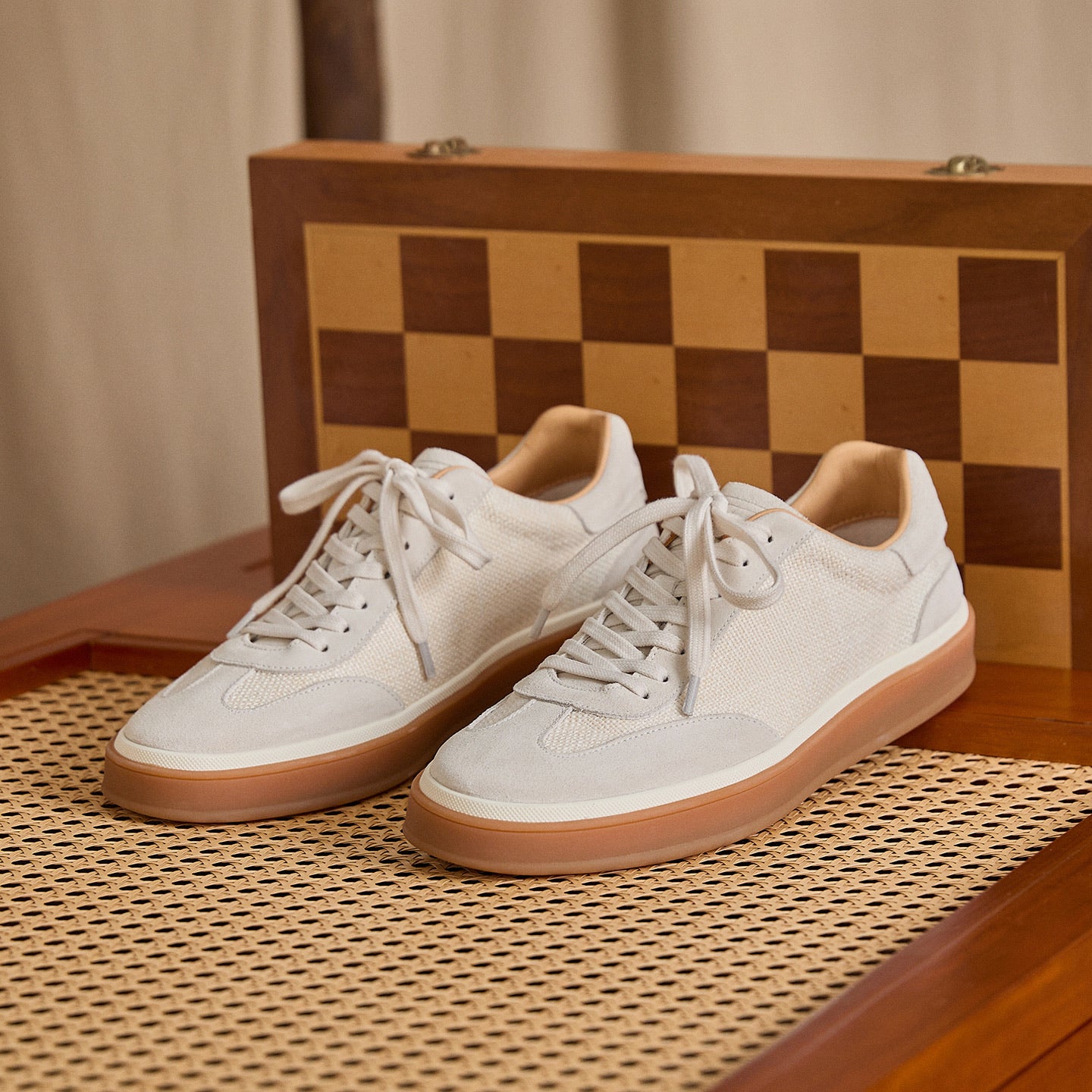 Leather & Linen Low-Top Lace-Up Sneakers