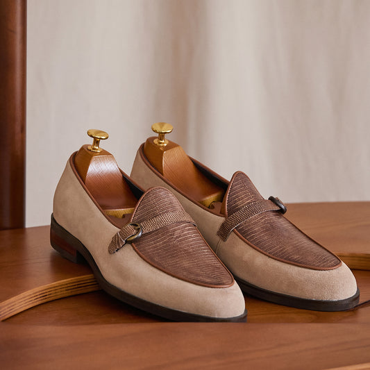 Embossed Leather Buckle-Strap Loafers
