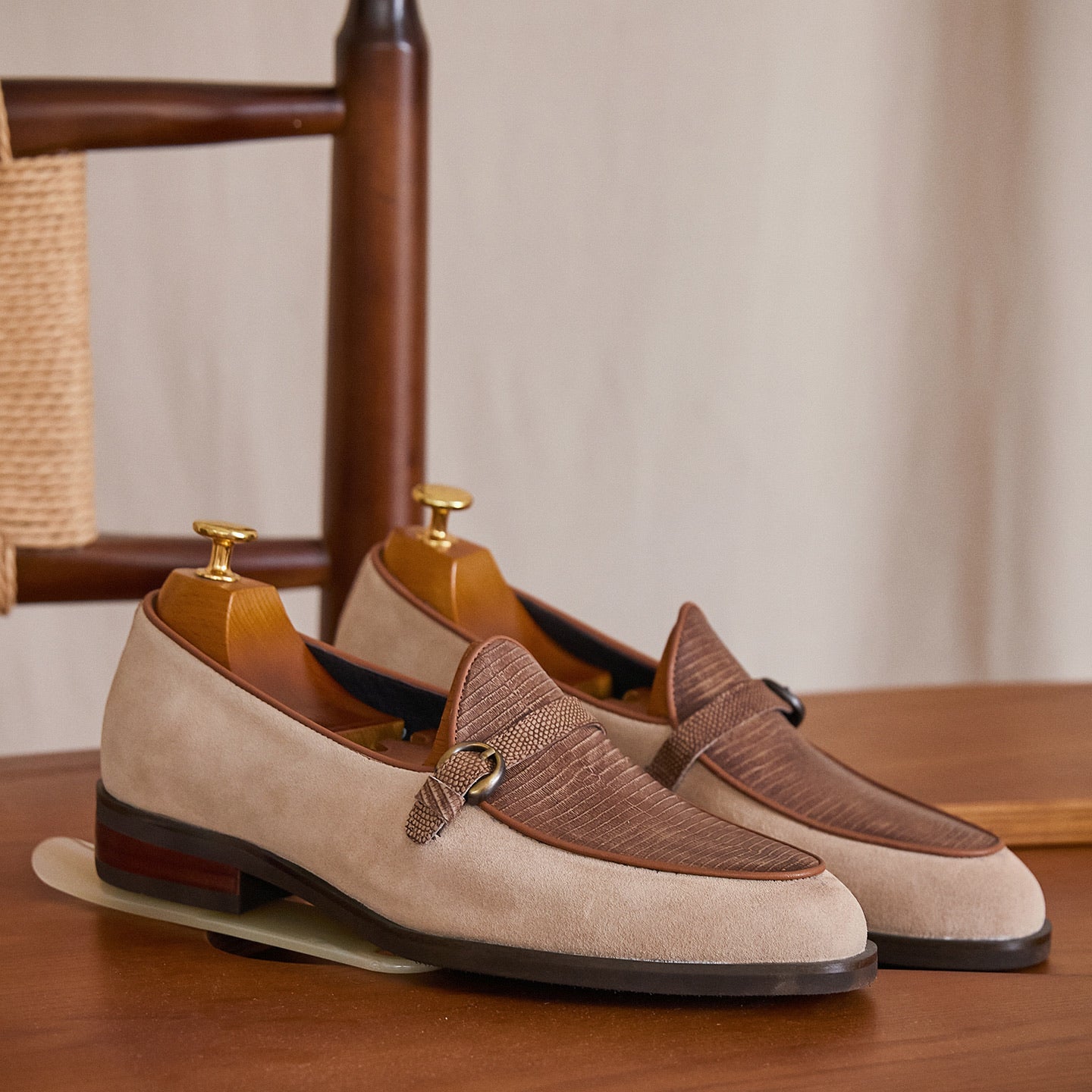 Embossed Leather Buckle-Strap Loafers