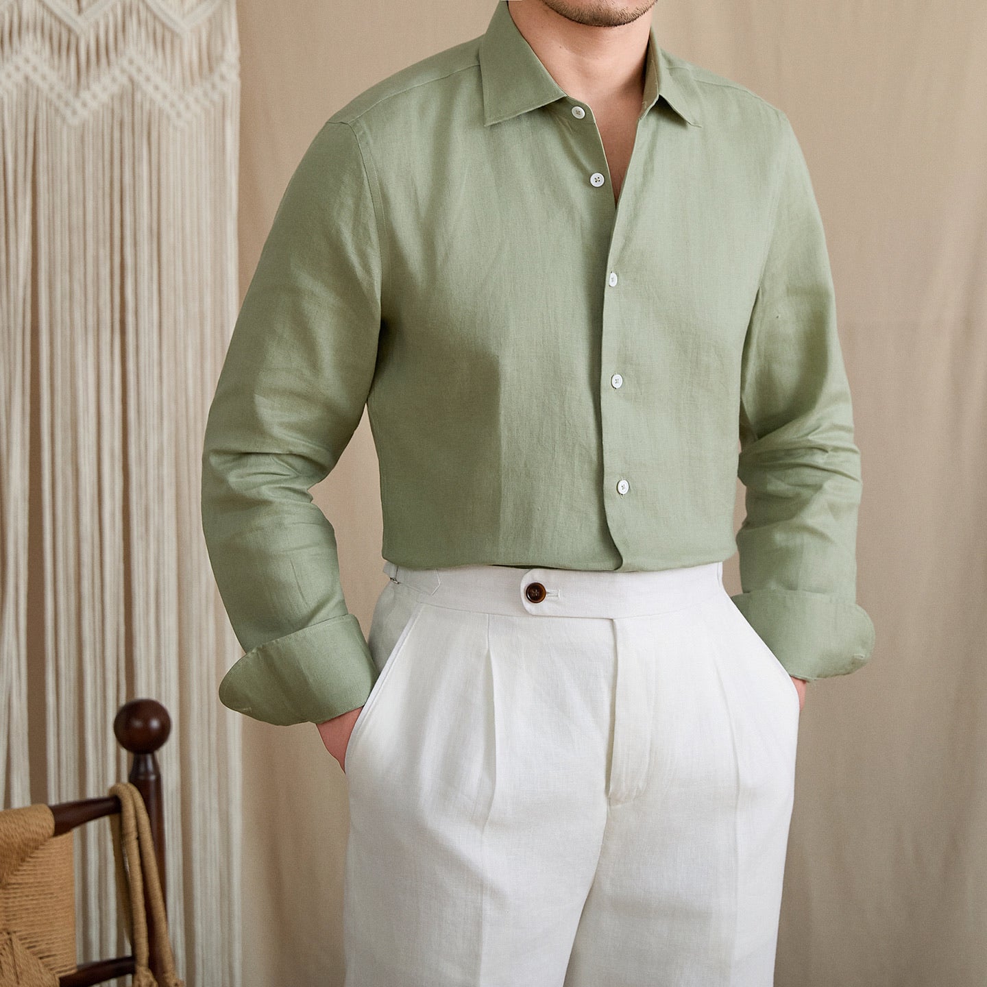 Slim-Fit Linen Long Sleeve Shirt