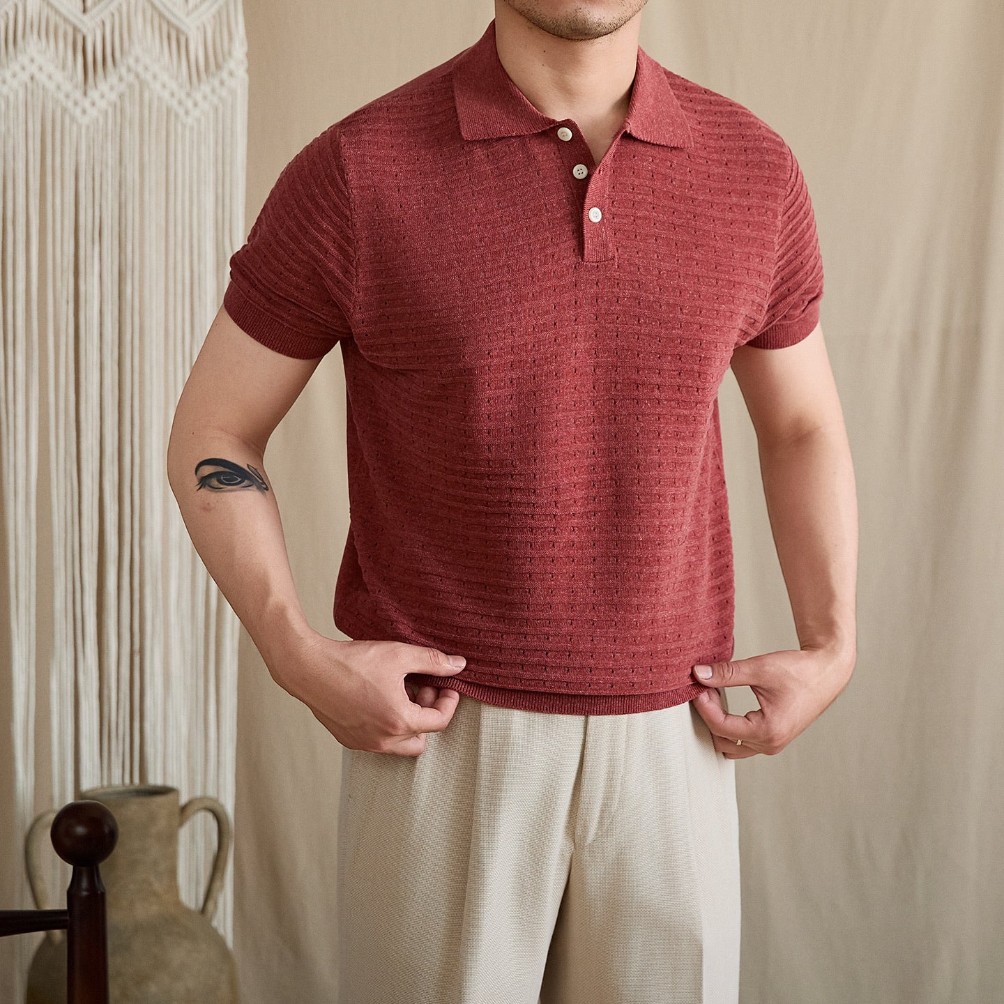 Pointelle Openwork Knit Polo