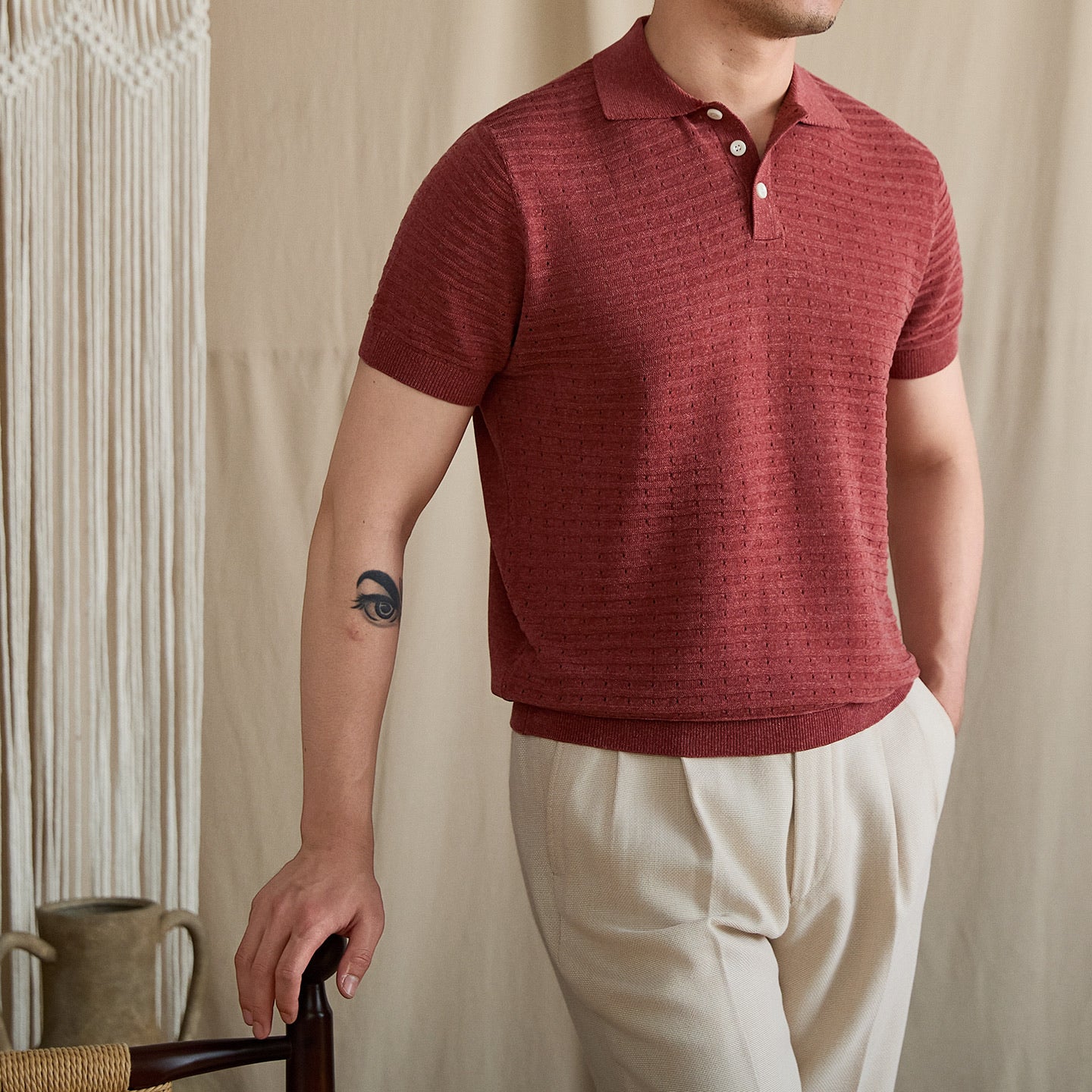 Pointelle Openwork Knit Polo