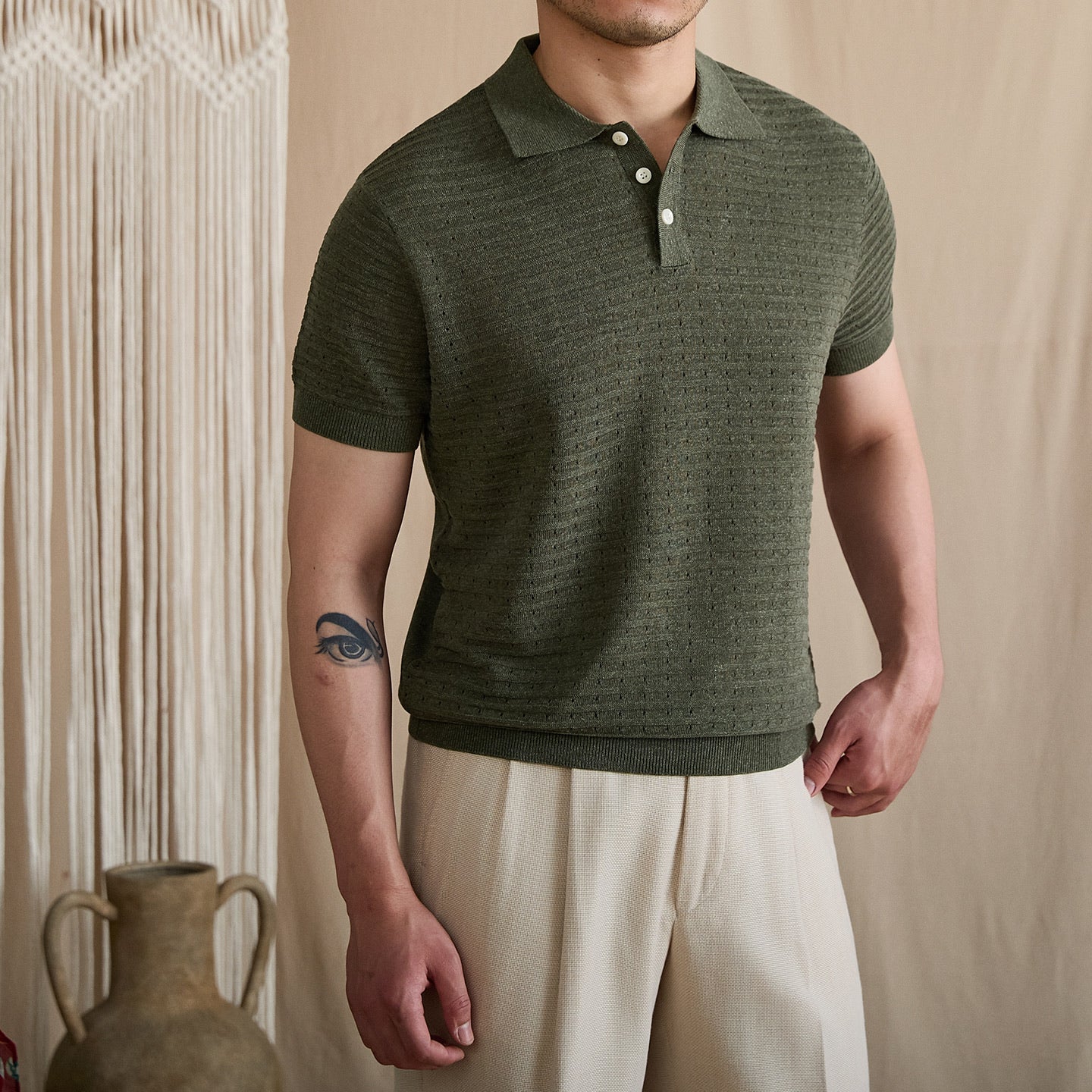 Pointelle Openwork Knit Polo