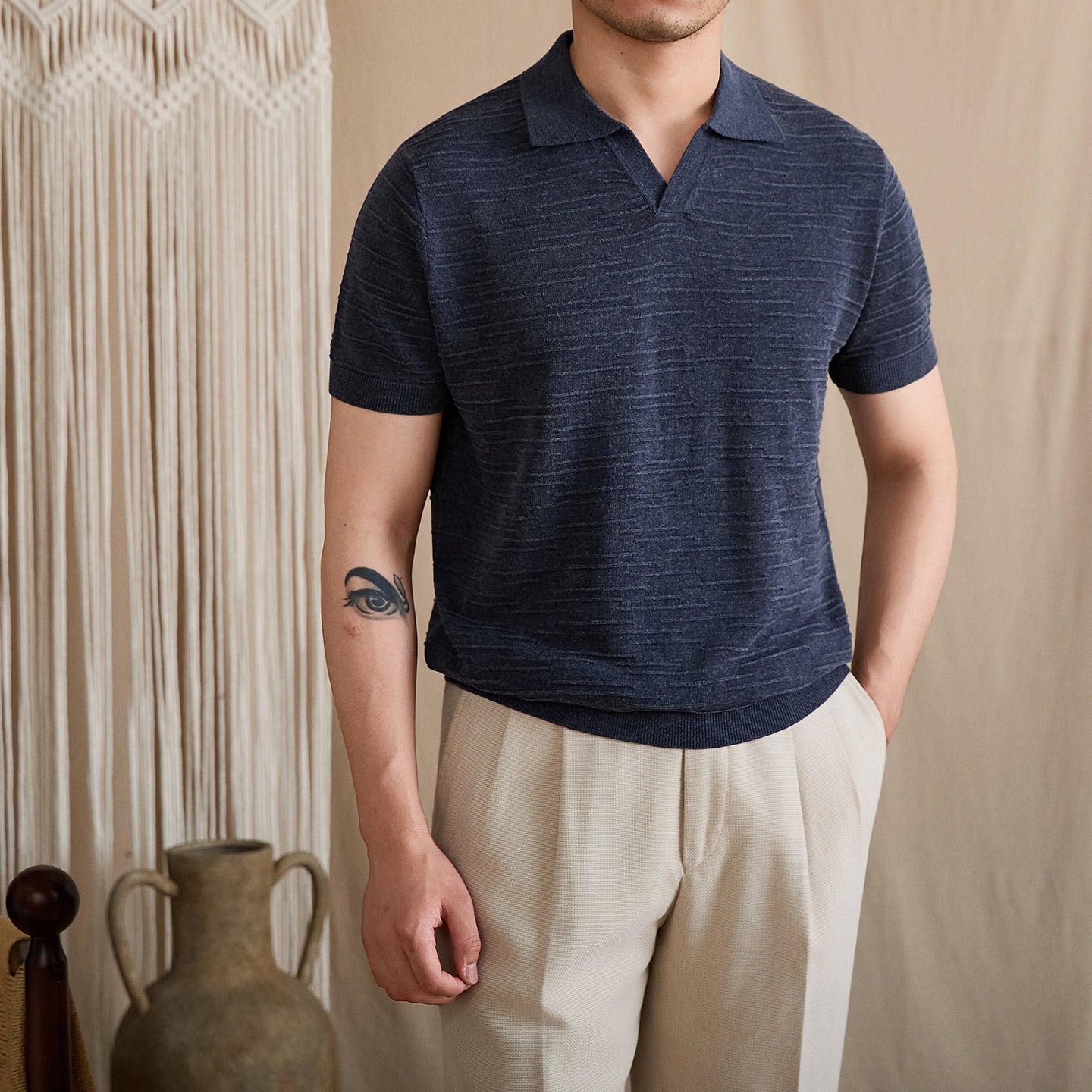 Open-Collar Textured Knit Polo