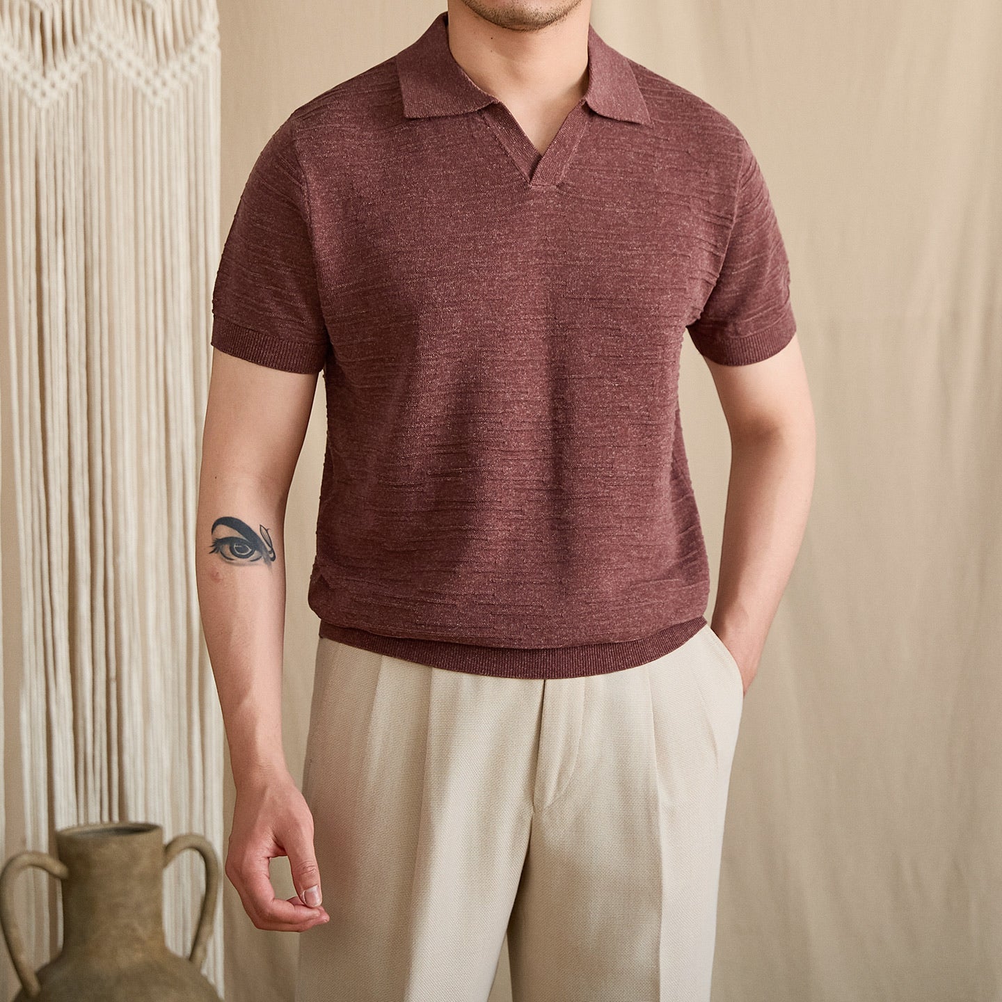 Open-Collar Textured Knit Polo