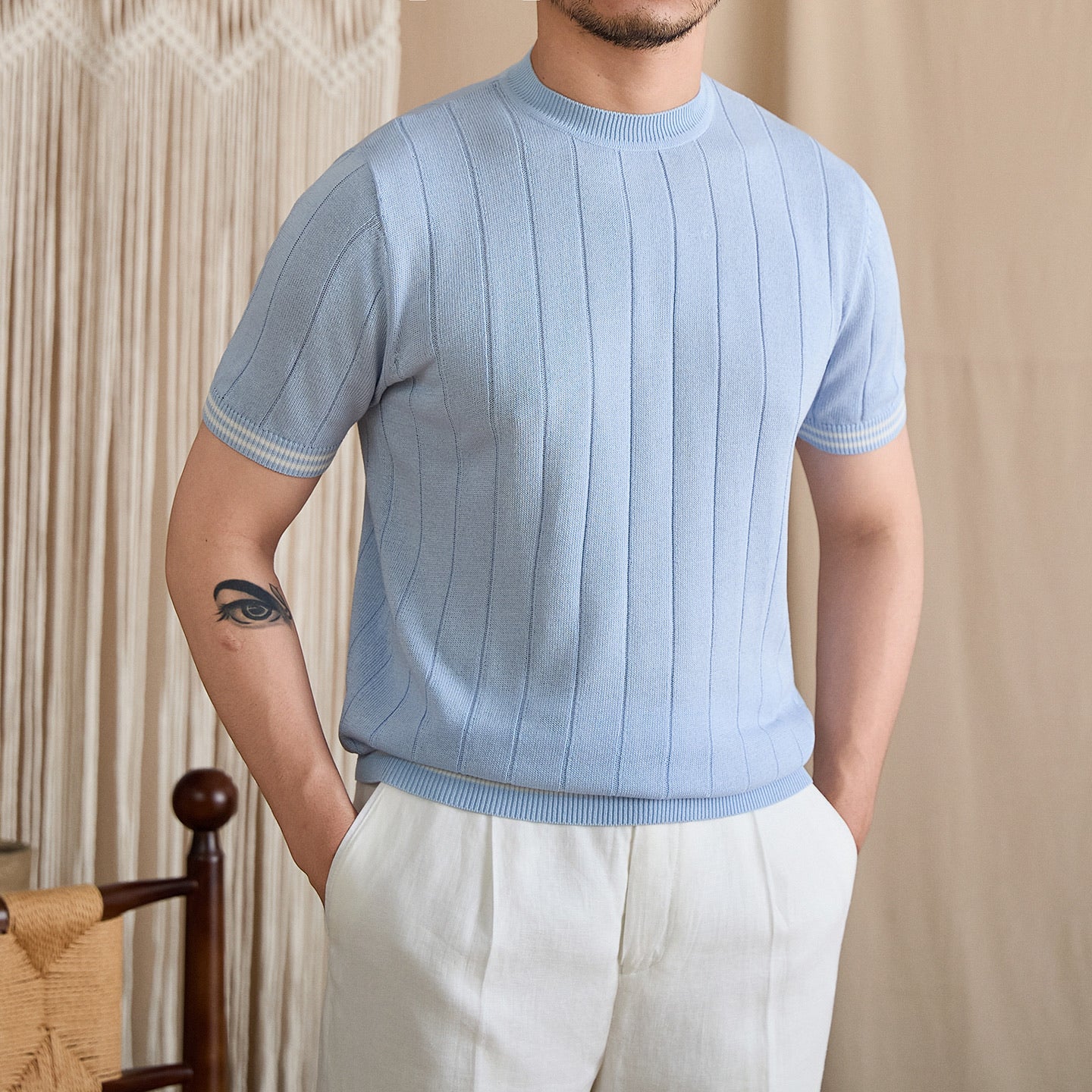 Contrast-Tipped Ribbed Knit Tee
