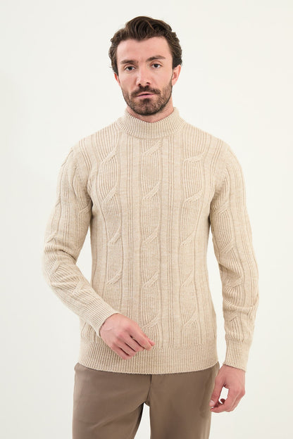 Beige Cable-Knit High Neck Sweater