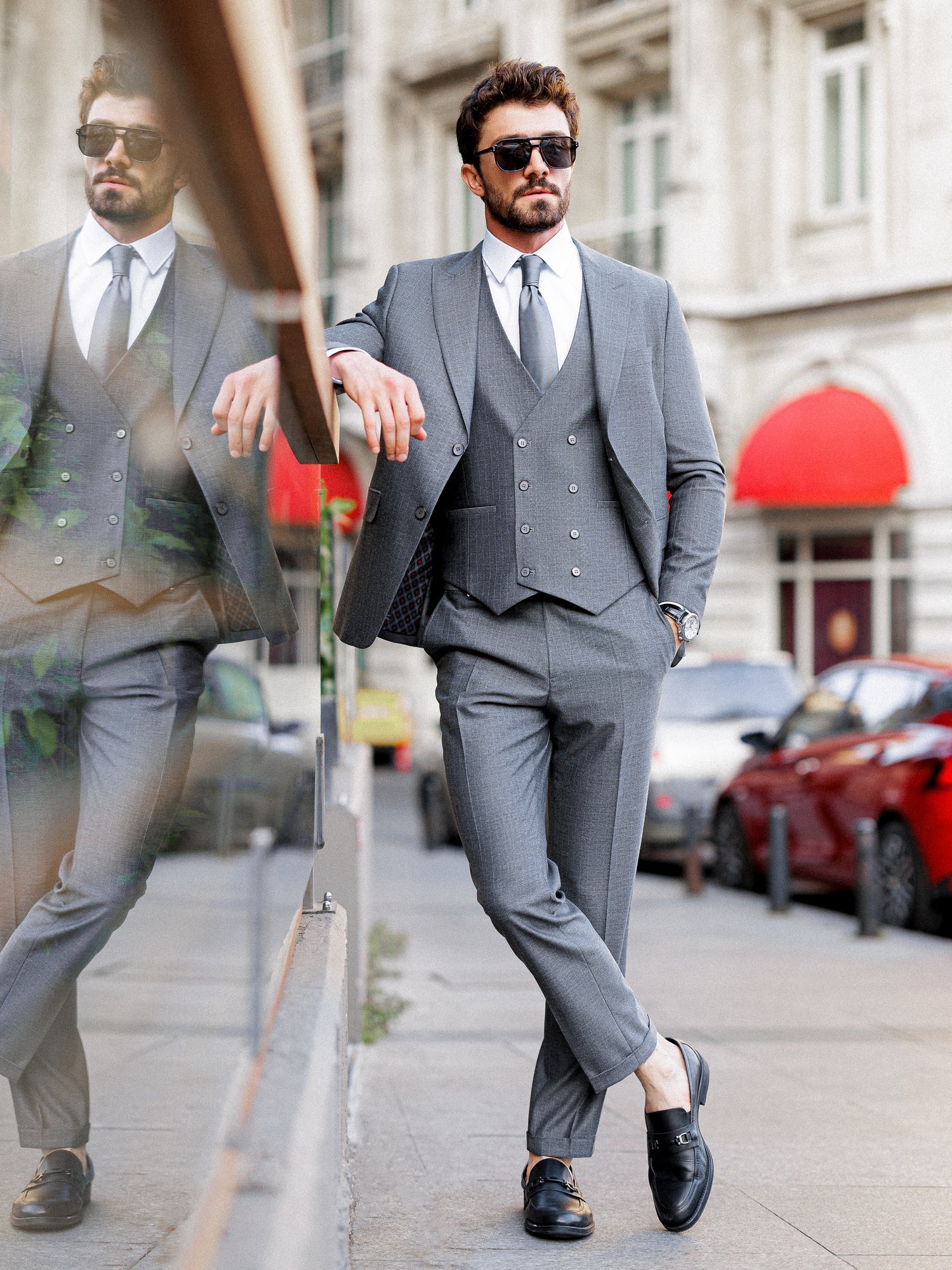 Grey Striped Slim-Fit Suit 3-Piece VIOSSI