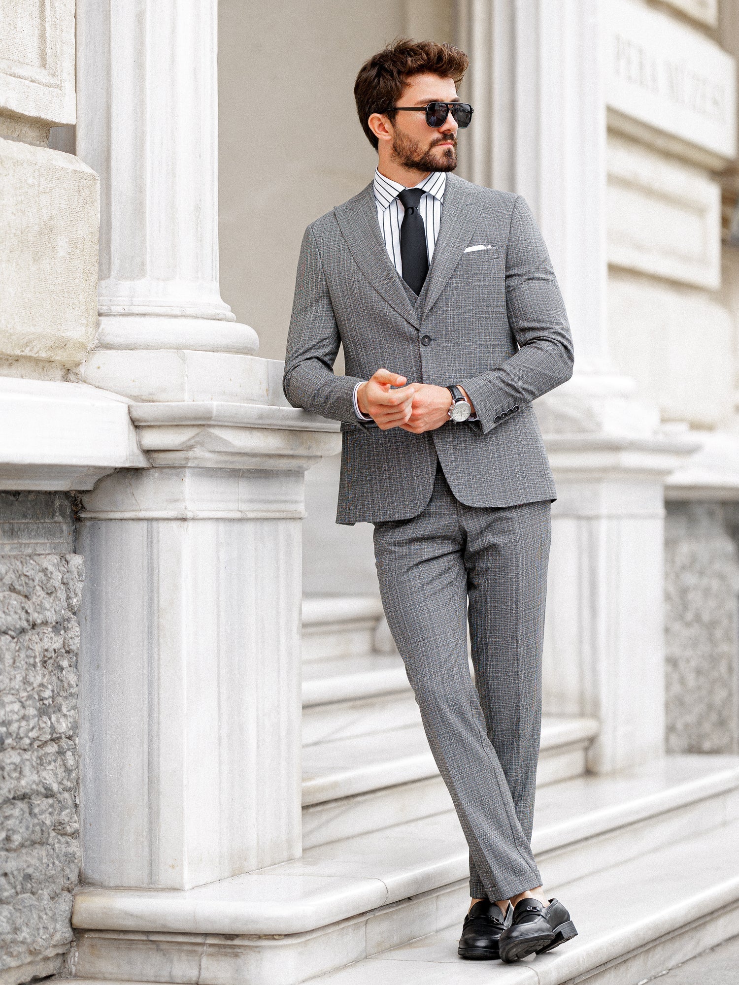 Grey Plaid Slim-Fit Suit 3-Piece VIOSSI