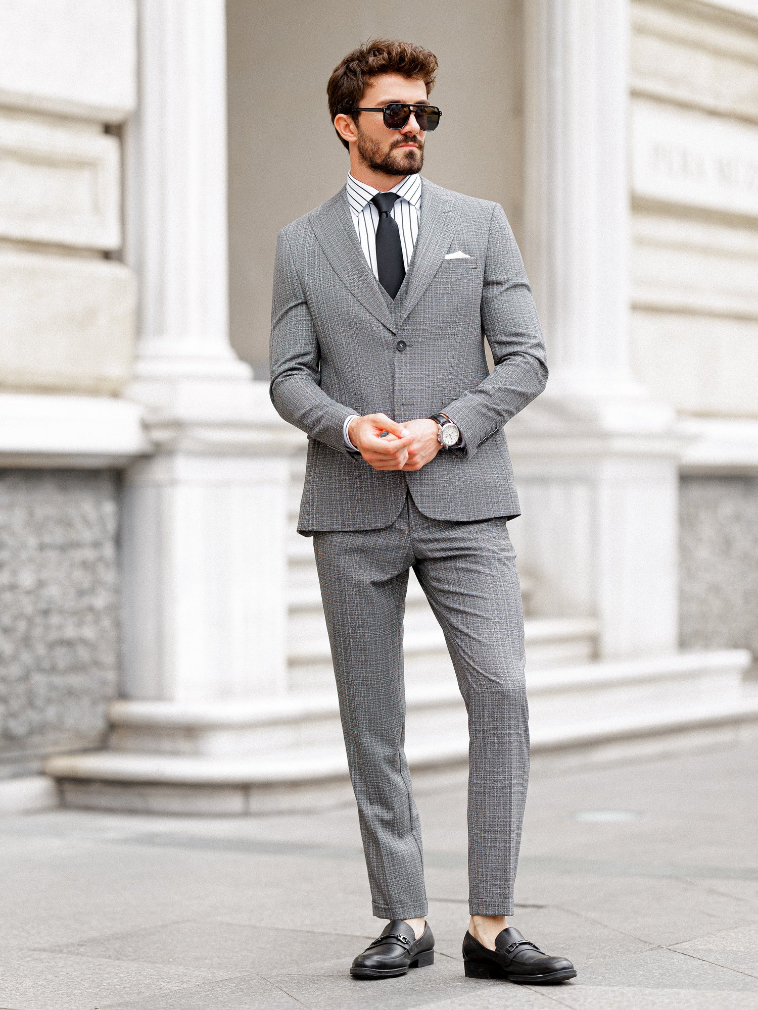 Grey Plaid Slim-Fit Suit 3-Piece VIOSSI