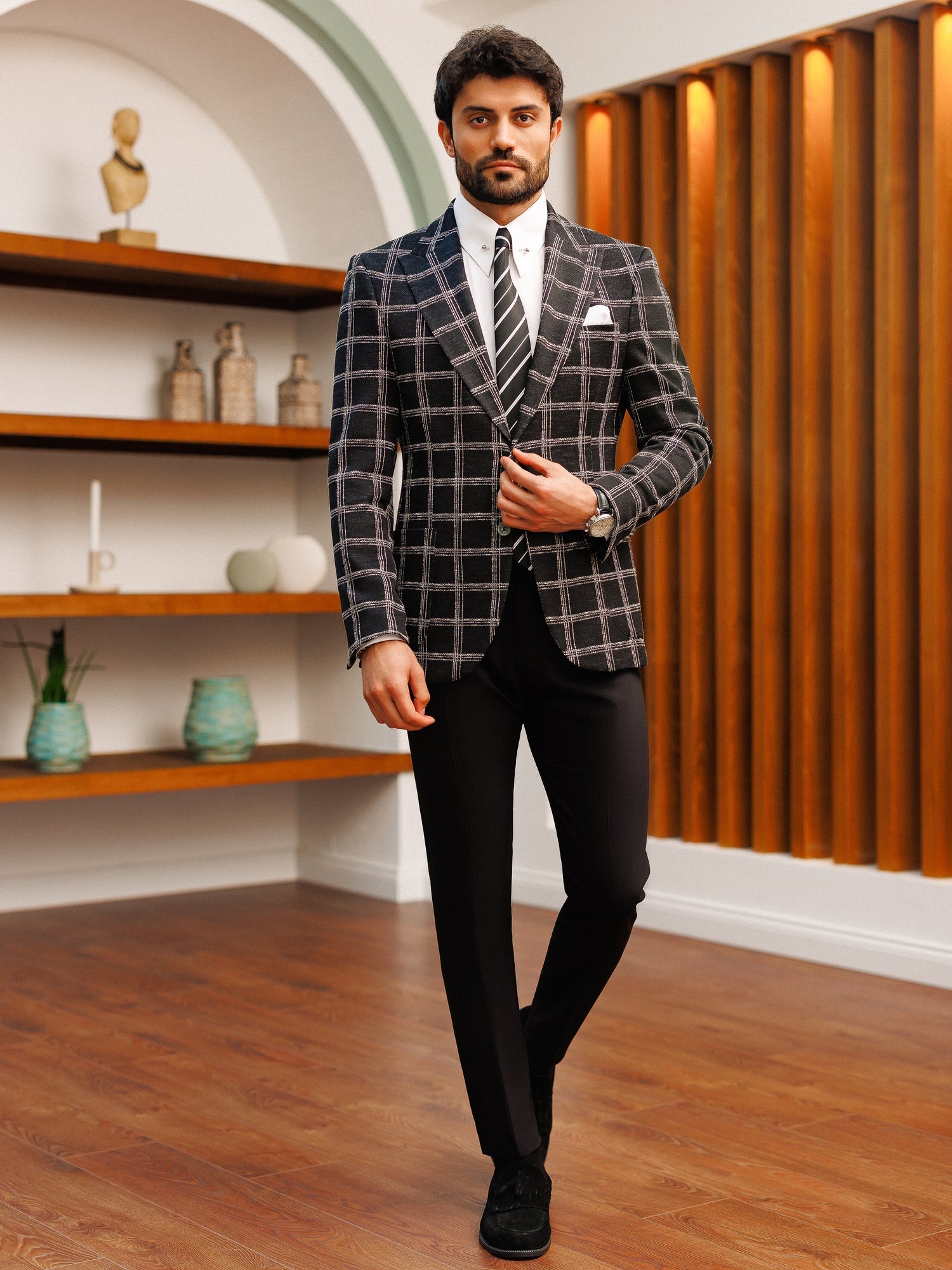 Black Plaid Single Breasted Blazer - BRABION