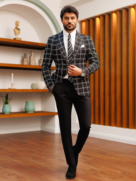 Black Plaid Single Breasted Blazer - BRABION