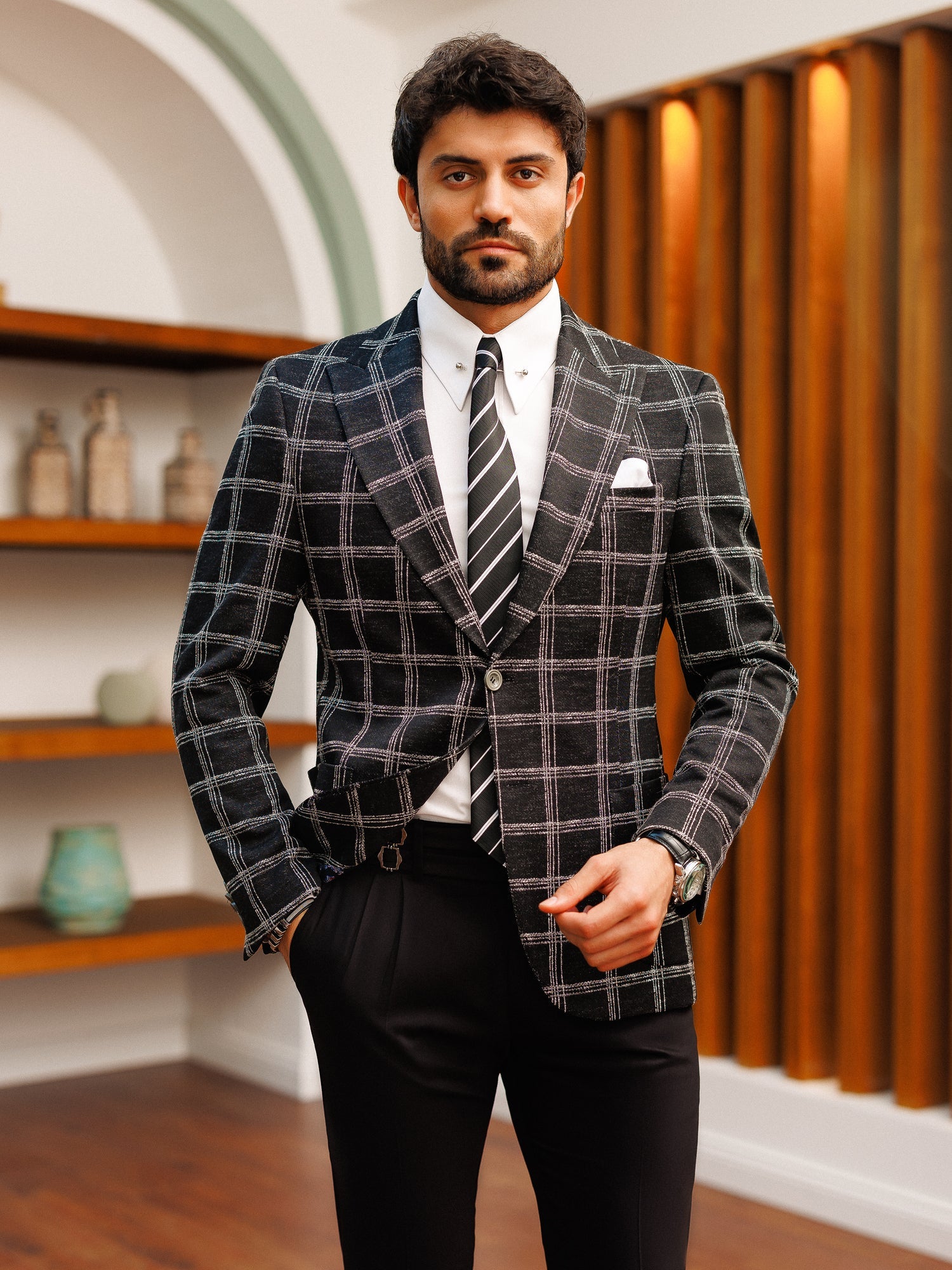 Black Plaid Single Breasted Blazer - BRABION
