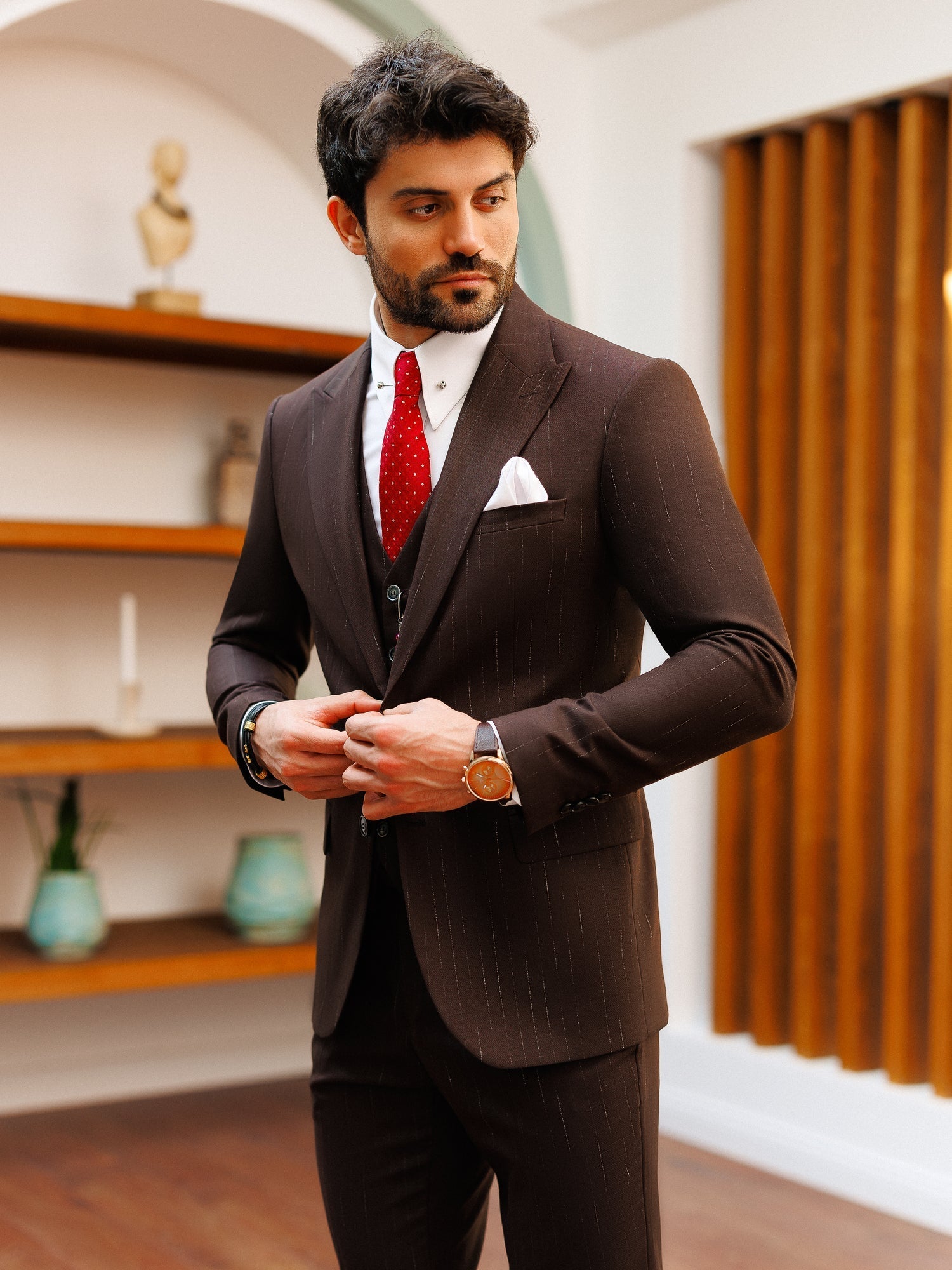 Brown Striped Slim-Fit Suit 3-Piece VIOSSI