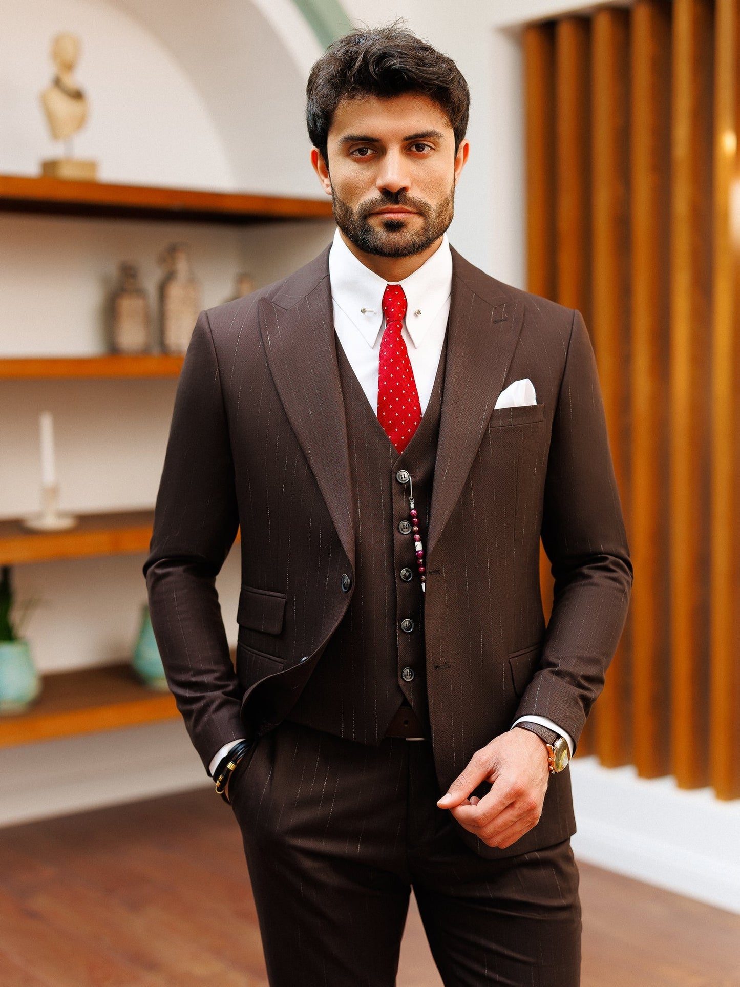 Brown Striped Slim-Fit Suit 3-Piece VIOSSI
