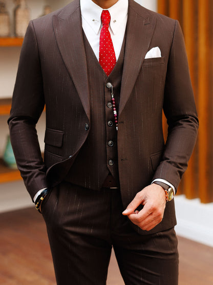 Brown Striped Slim-Fit Suit 3-Piece VIOSSI