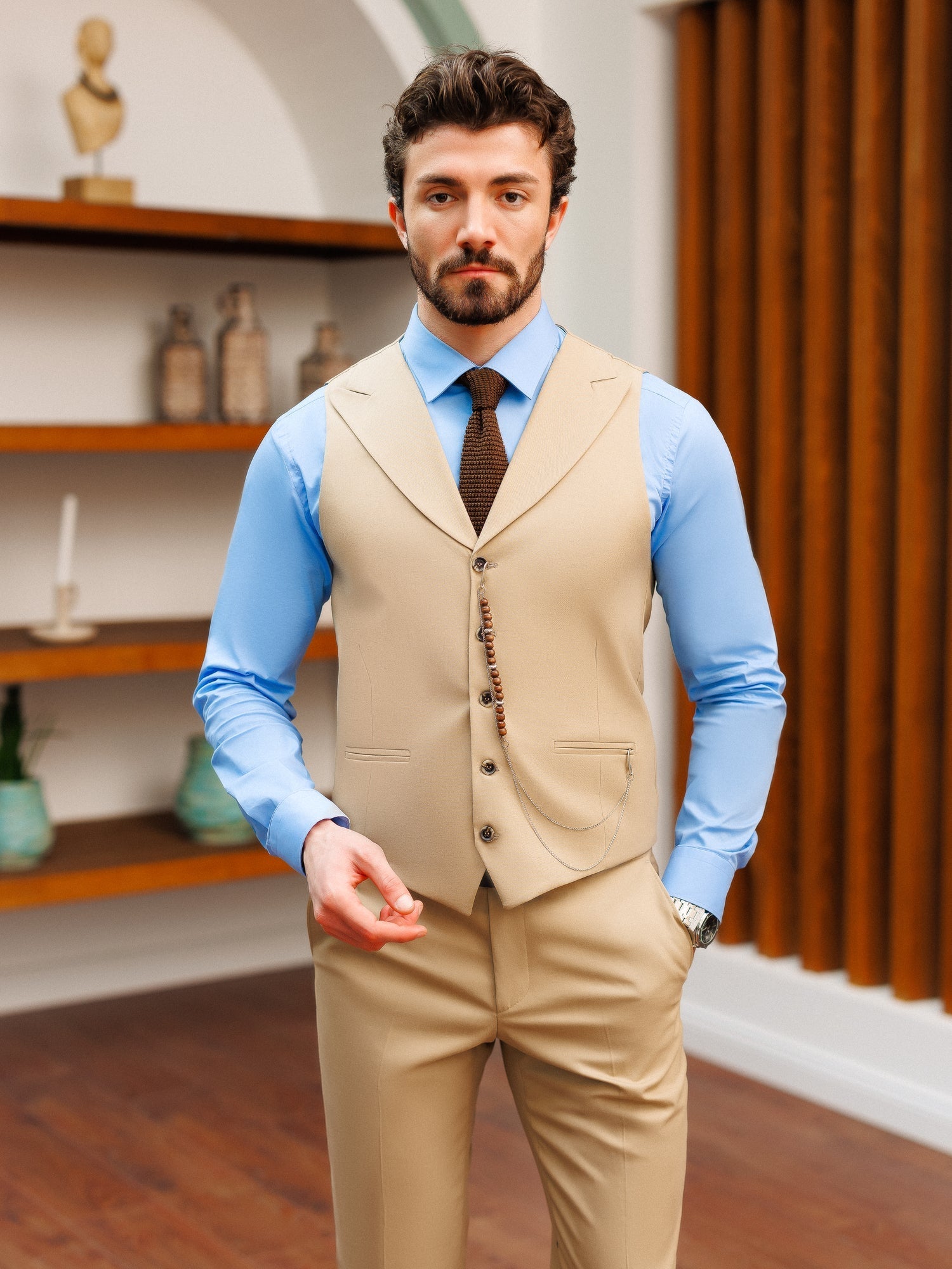 Beige Slim-Fit Suit 3-Piece VIOSSI