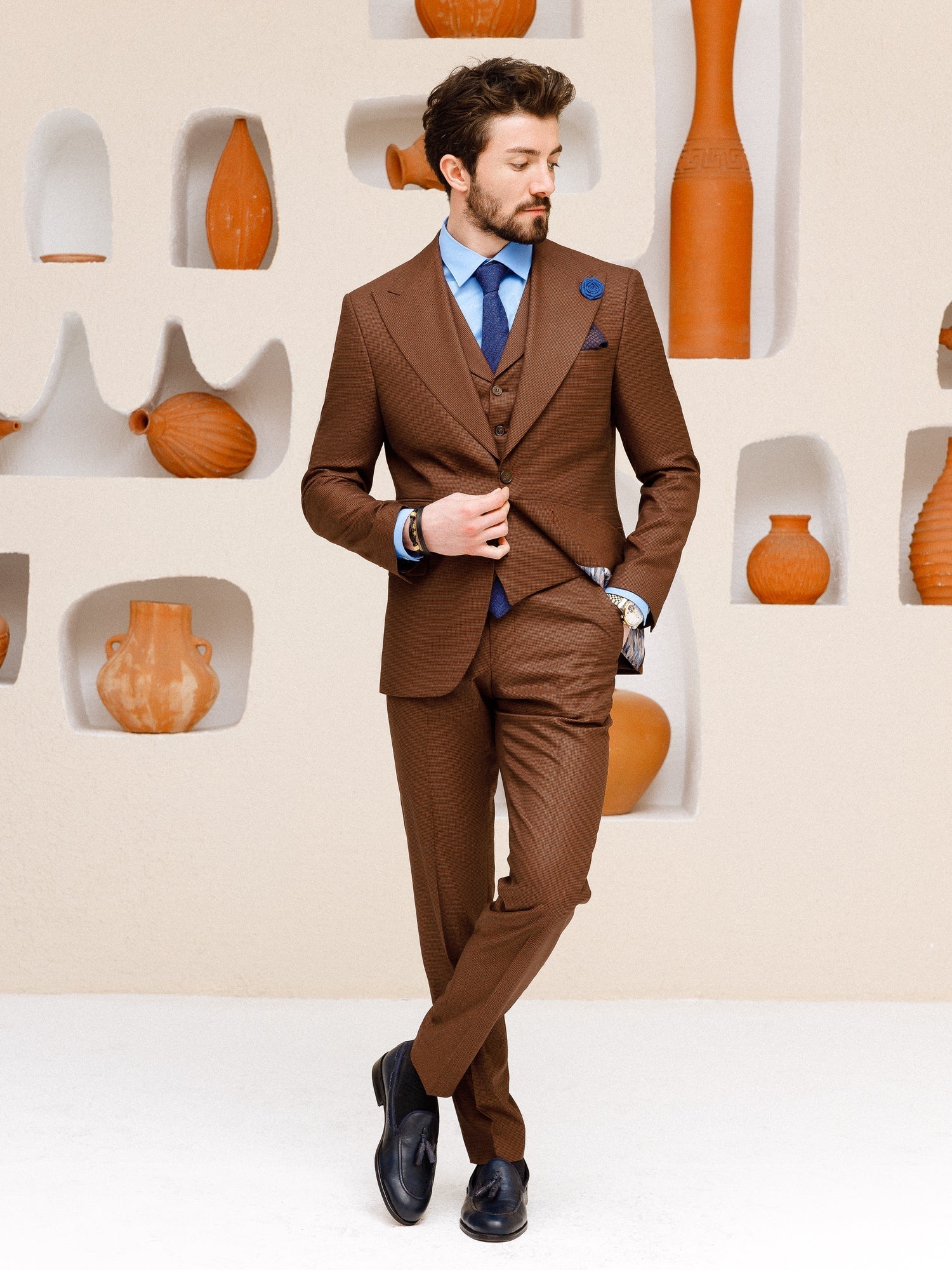 Brown Plaid Slim-Fit Suit 3-Piece VIOSSI