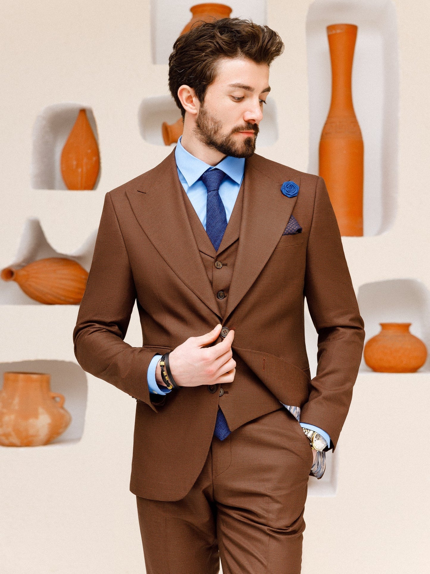 Brown Plaid Slim-Fit Suit 3-Piece VIOSSI