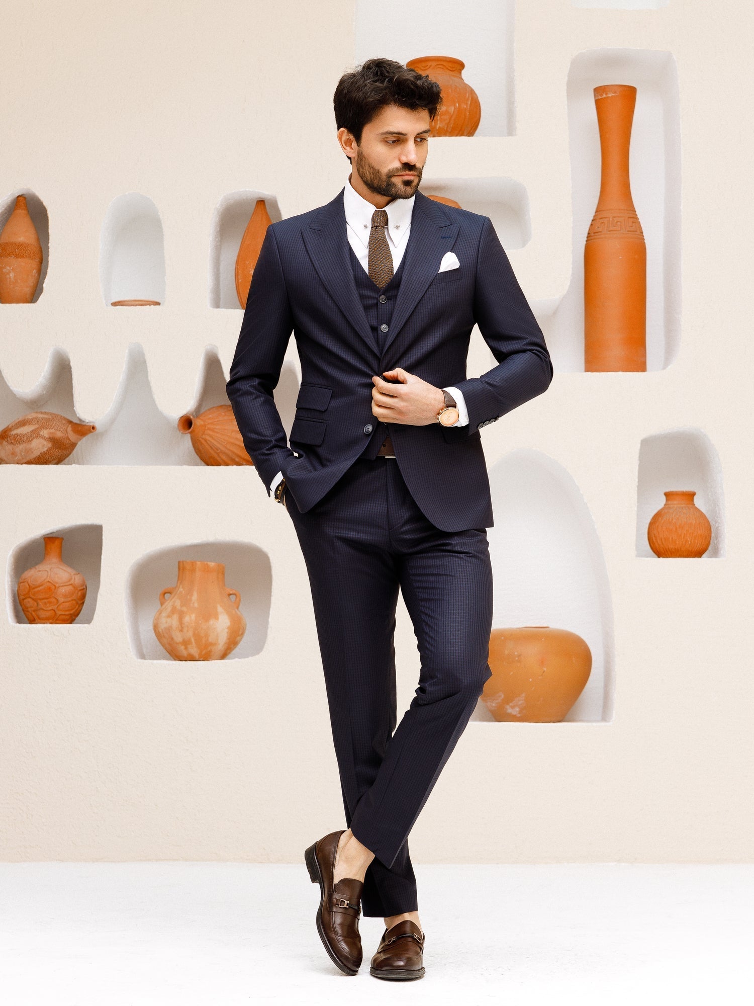 Navy Plaid Slim-Fit Suit 3-Piece VIOSSI