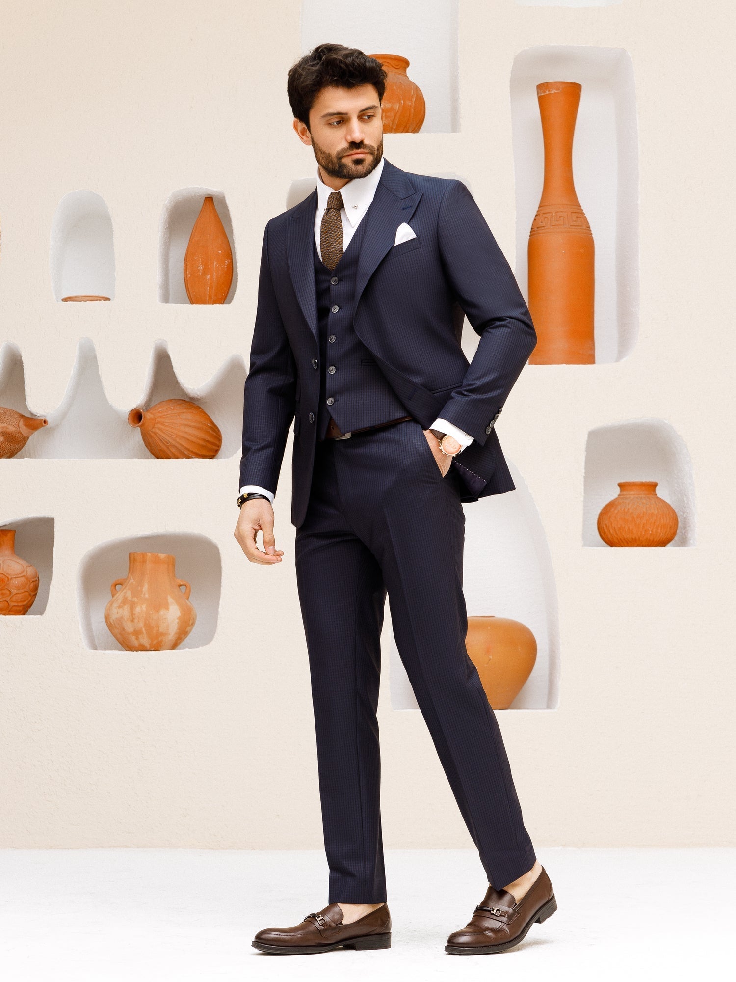 Navy Plaid Slim-Fit Suit 3-Piece VIOSSI