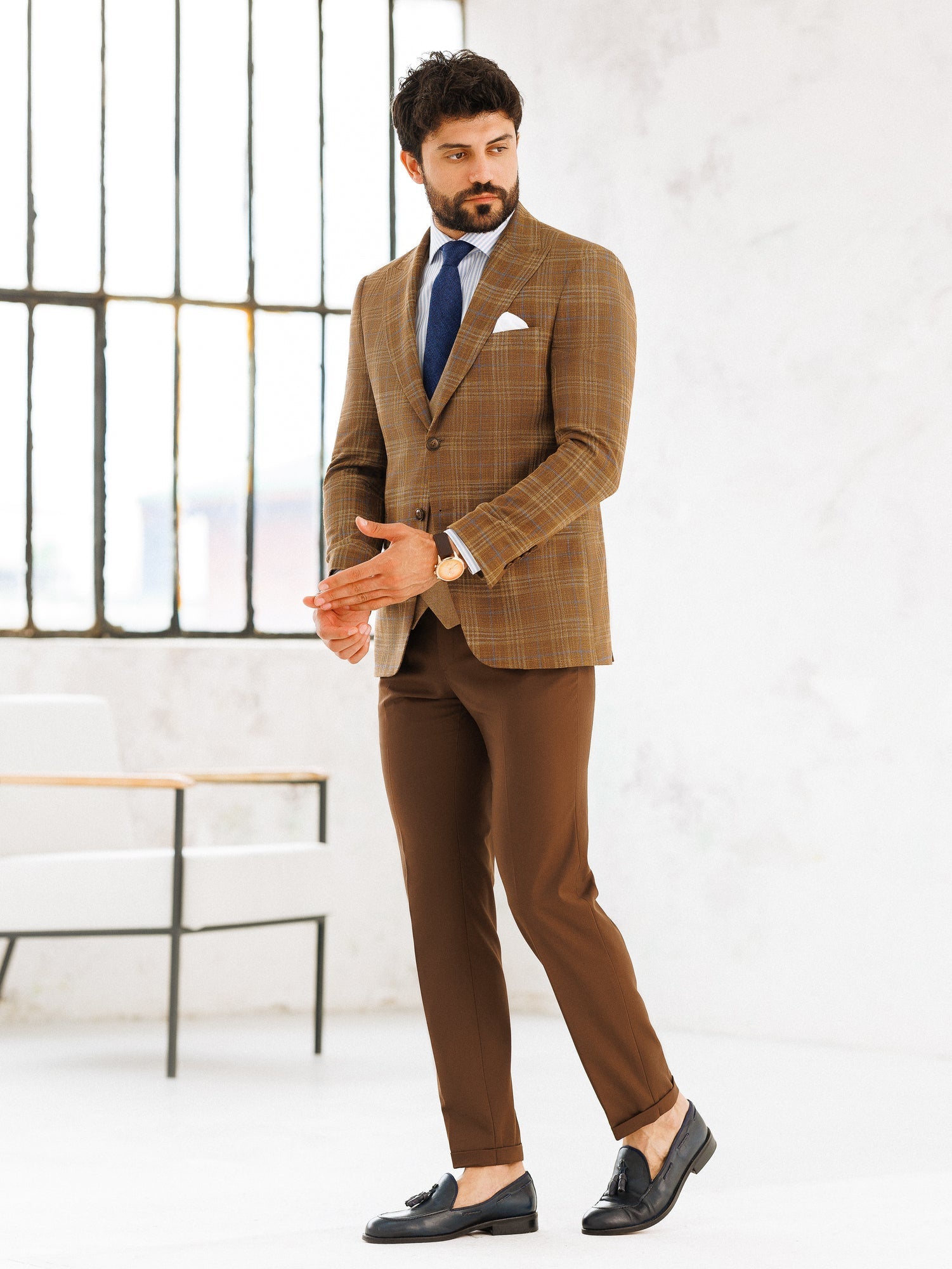 Brown Plaid Slim-Fit Suit 3-Piece VIOSSI