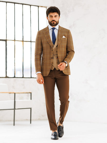 Brown Plaid Slim-Fit Suit 3-Piece VIOSSI