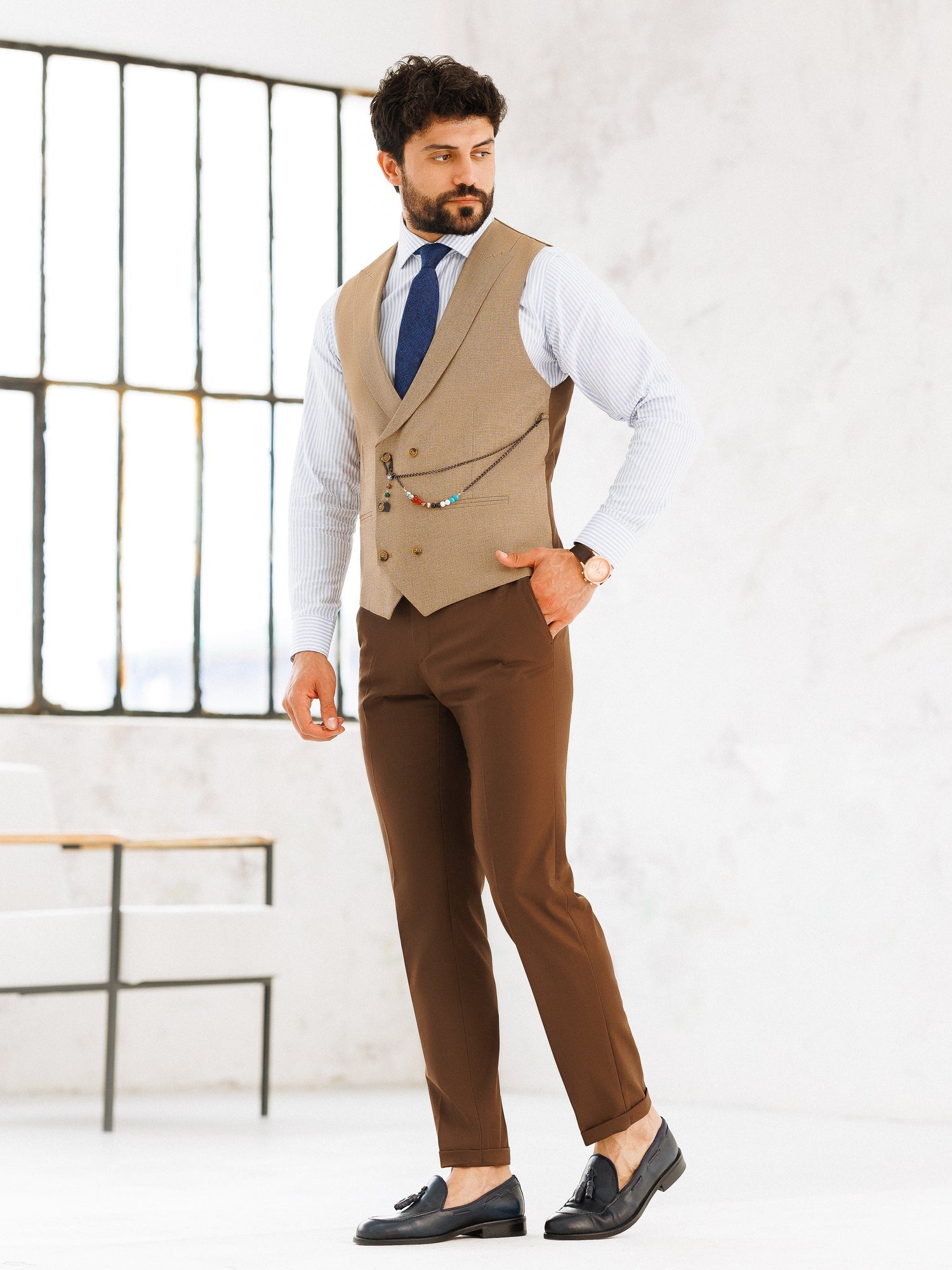 Brown Plaid Slim-Fit Suit 3-Piece VIOSSI