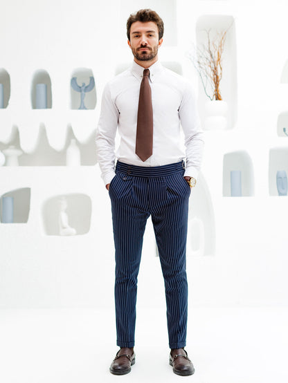 Navy Striped High Waist Slim-Fit Pants VIOSSI
