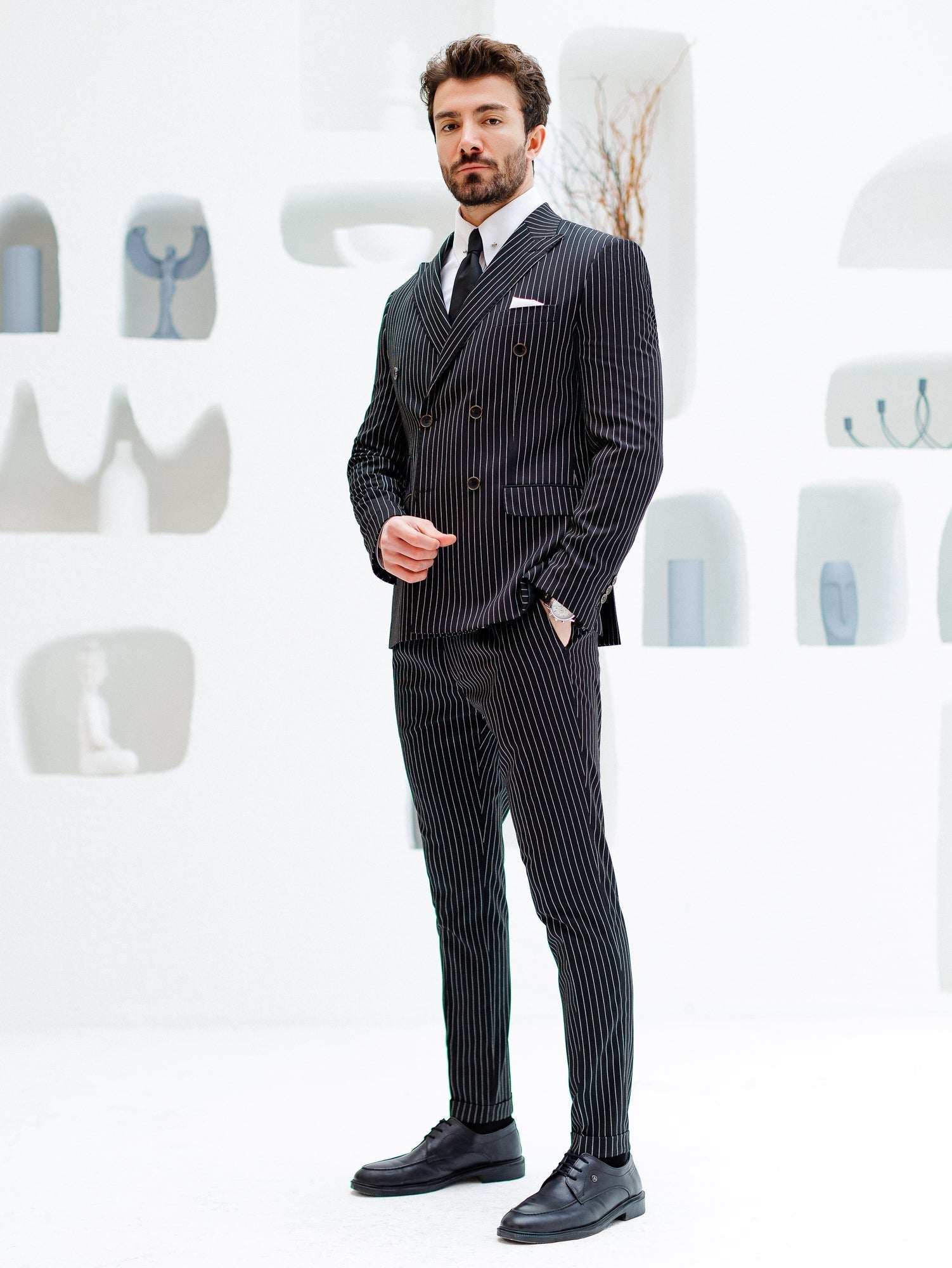 Black Striped Double Breasted Suit 2-Piece VIOSSI